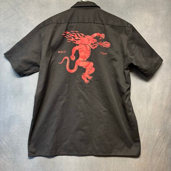 Rare Dickies Fireball Whiskey Shirt L Black Red Hot Devil Logo Button Work Shirt - Picture 1 of 14